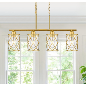 4-Light Kitchen Island Lighting, Modern Brushed Gold Dining Room Light Fixtures with Clear Glass, Farmhouse Industrial Linear Chandelier Pendant Light with Adjustable Chain, CH9176BG-4IS