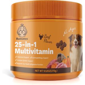 25-in-1 Dog Multivitamin, Chewable Supplements for Hip & Joints, Immune System, Gut & Digestive, Calming & Allergy Support, Omega 3 for Puppy & Seniors Dogs - 90ct (Beef), EXP 01/22/2028