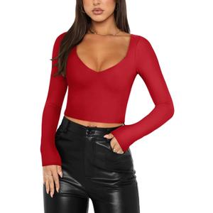 REORIA Women's Basic Sexy V Neck Long Sleeve Slim Fitted Cropped T Shirts Fall Fashion Going Out Crop Tops (Red, M)