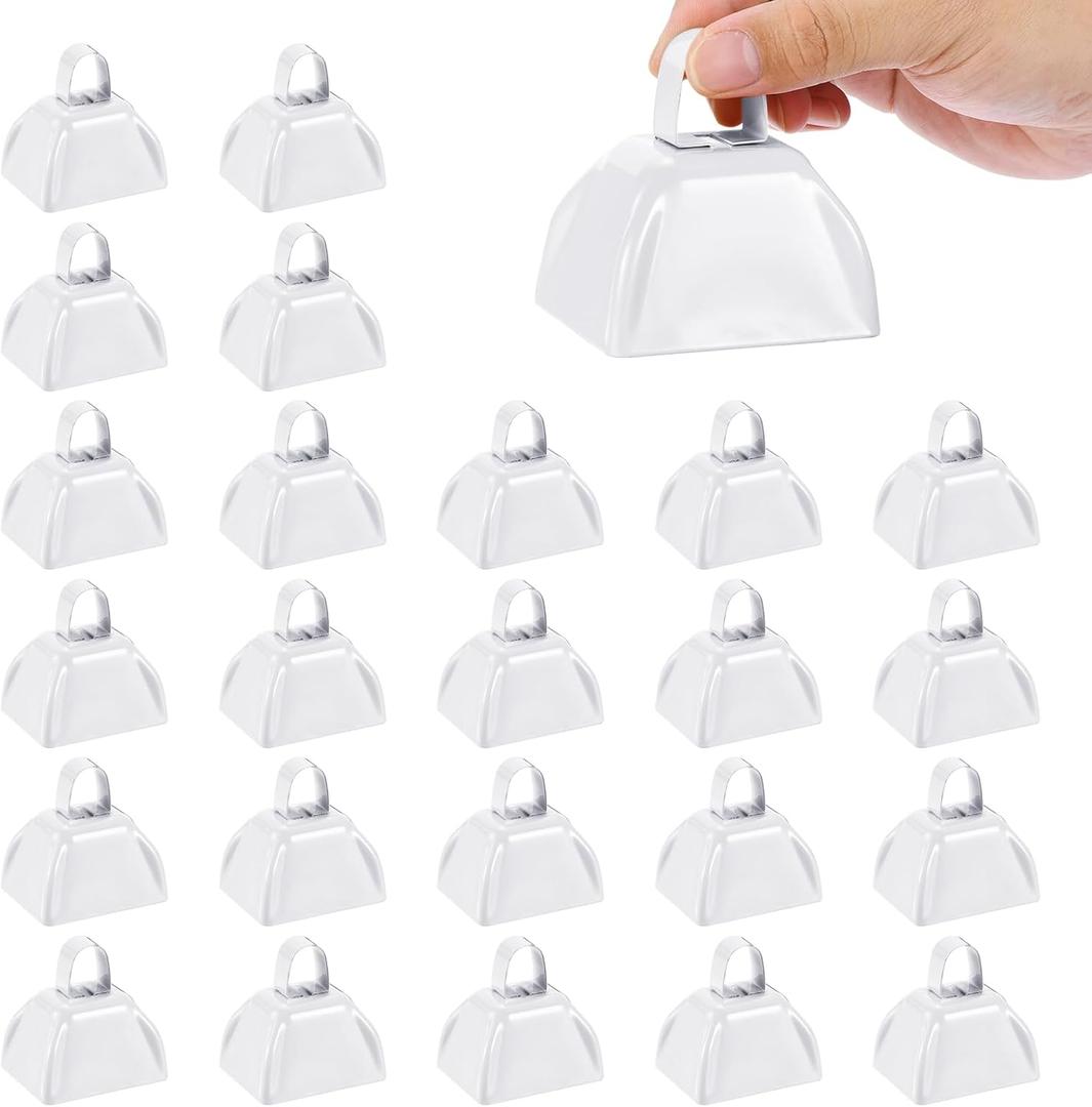 PATIKIL 3inch Cow Bells for Football Games, 24pcs Cowbells for Sporting Events Bulk Loud Noise Makers Metal Cow Bell with Handle for Cheering Competition Marathon Wedding DIY Paint, White
