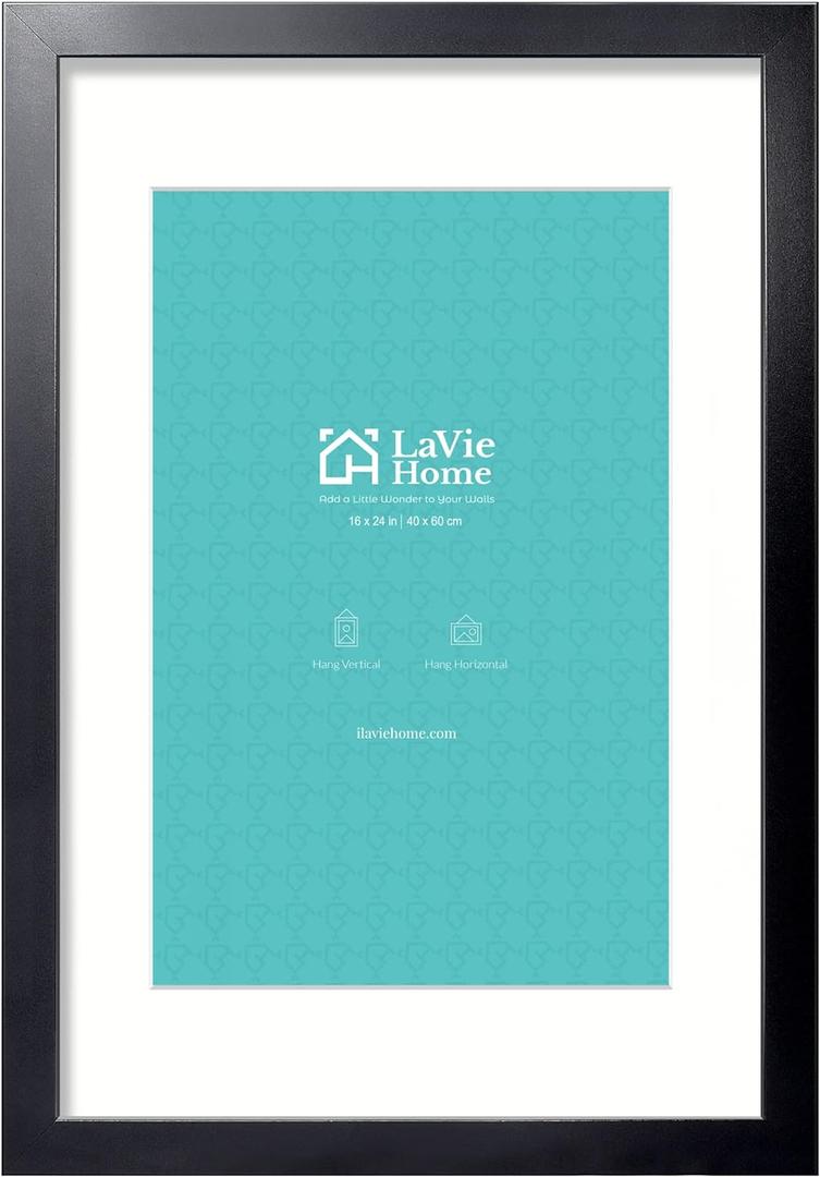 LaVie Home 16 x 24 Picture Frame Black Poster Frame,Display Pictures 12x18 with Mat or 16x24 Without Mat, Stable and Sturdy Frame and Polished Plexiglass, Suitable for wall decoration1 Pack