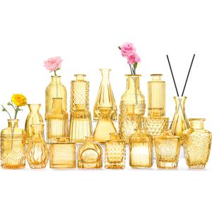 20 Pcs Amber Gold Glass Bud Vases- Set Amber Gold Small Vases for Flowers, Vintage Flower Cute Glass in Bulk for Centerpieces Rustic Decorative Wedding Table Home