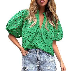 Summer Eyelet Tops for Women Embroidered Button Down Shirt Hollow Out Half Puff Sleeve Blouse (Small, Green)