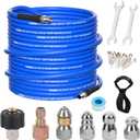 100FT Pressure Washer Sewer Jetter Kit, 5800 PSI Water Jet Drain Cleaner Hose with Corner Rotating Button Nose Nozzle, 1/4 Inch NPT, Kit Includes Sewer Jetting Nozzles and Spanner Handle Strap