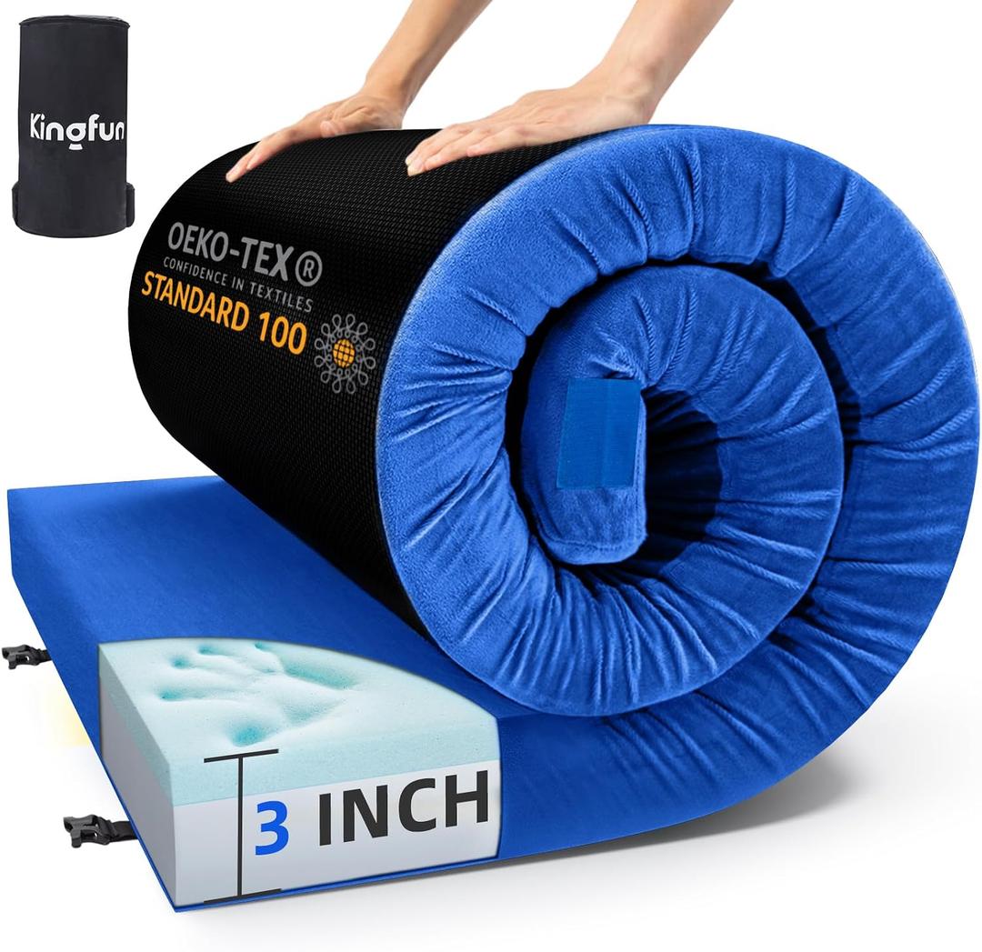 Kingfun 3 Inch CertiPUR-US Memory Foam Camping Mattress Pad, Waterproof Roll-up Sleeping Pad, Thick Floor Sleeping Mats for Tent with Removable Travel Bag, Twin 75" x 36" x 3 inch