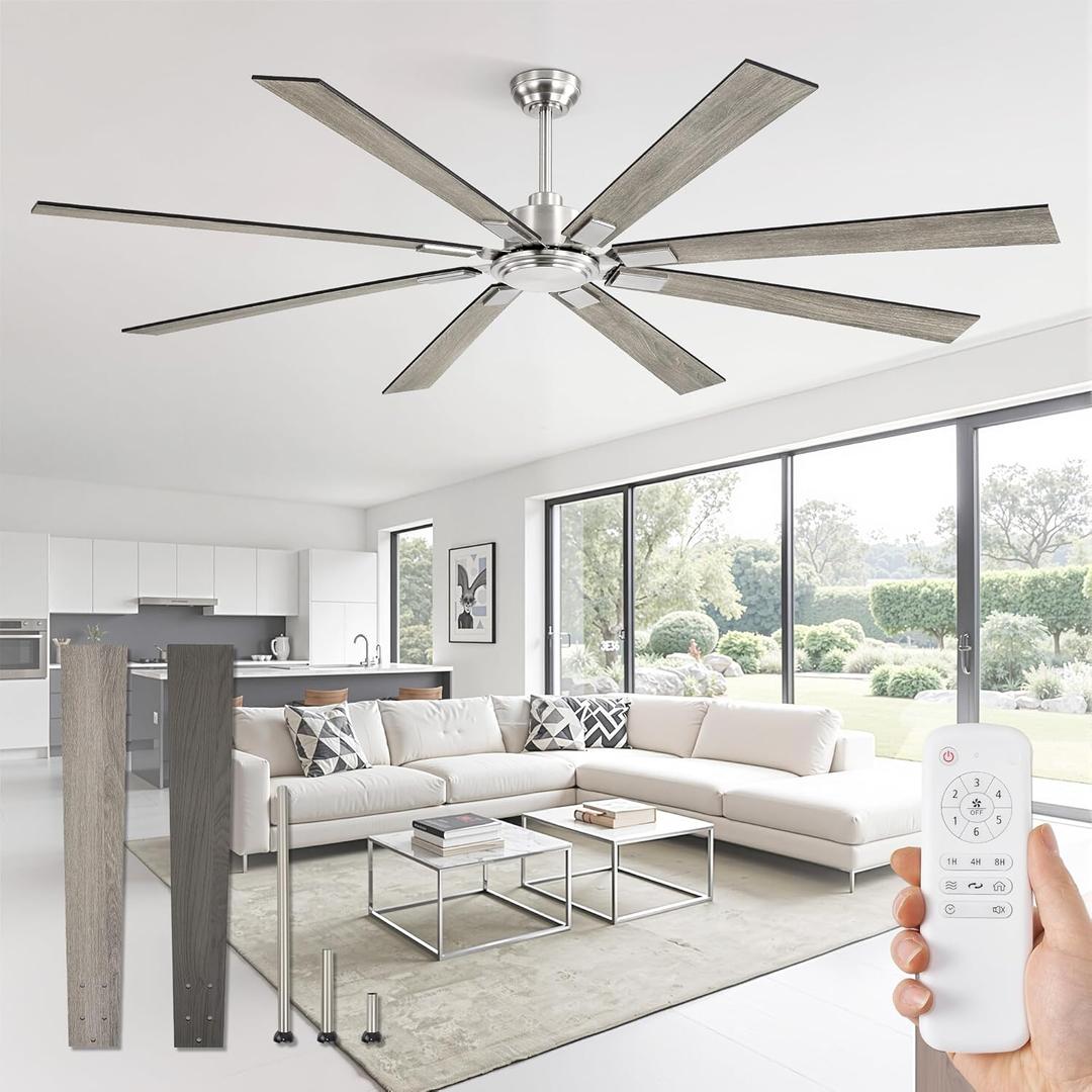 ZMISHIBO 80 Inch Ceiling Fan No Light with Remote Control, 8 Blades Quiet DC Reversible Motor, 6-Speed, Timer, Brushed Nickel Finish, Indoor Outdoor Ceiling Fans for Patios, Living Room, Garage