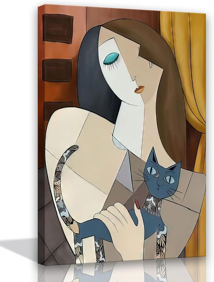 Picasso Style Woman with Cat Wall Art – Abstract Cubist Canvas Painting – Modern Home Décor Wall Art Prints – Gallery Wrapped Canvas Picture for Living Room Bedroom Office – 16x24