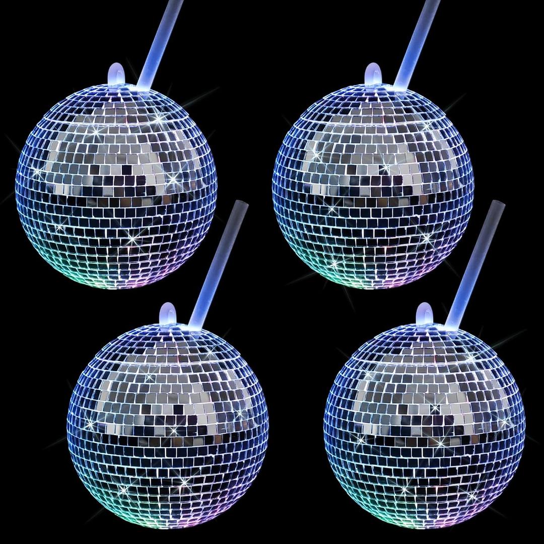 4 Pcs Disco Ball Cup with Lid and Straw LED Light up Disco Flash Ball Cocktail Cups Silver Spherical Cup Wine Drinking Tea Syrup Bottle for Party Nightclub Bar