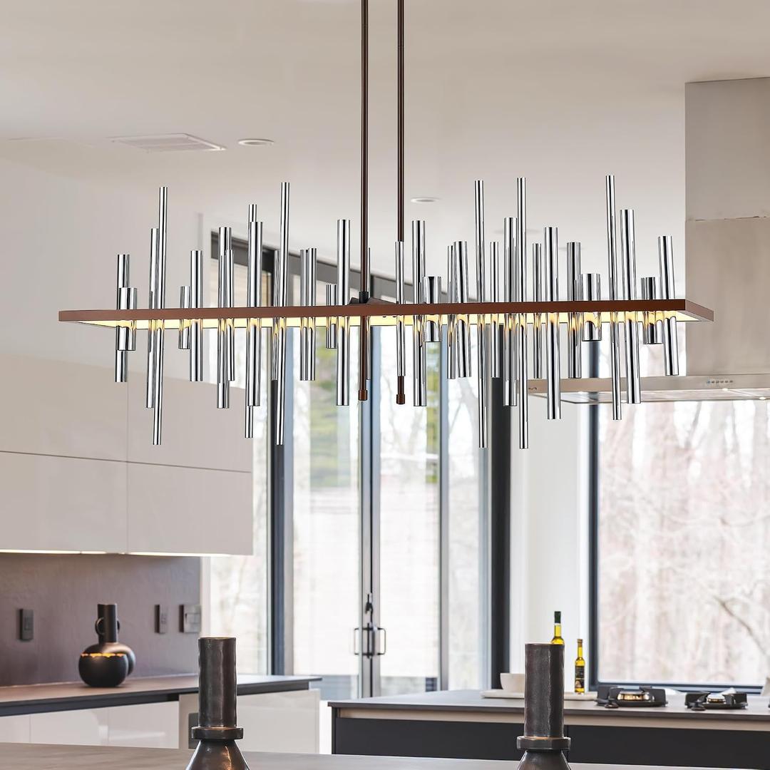 Rectangular Modern Industrial Chandelier for Dining Room, LED Pendant Light Fixture for Kitchen Island Over Table 1.2 M(47In),Chrome