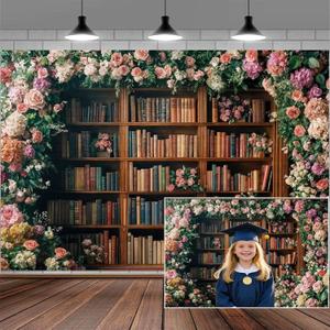 10X8FT Bookshelf Flower Photography Backdrop Vintage Bookcase Magic Books Ancient Library Wall Background Flower Girl Kids Birthday Party Decorations Kindergarten Graduation Banner Photo Booth Props