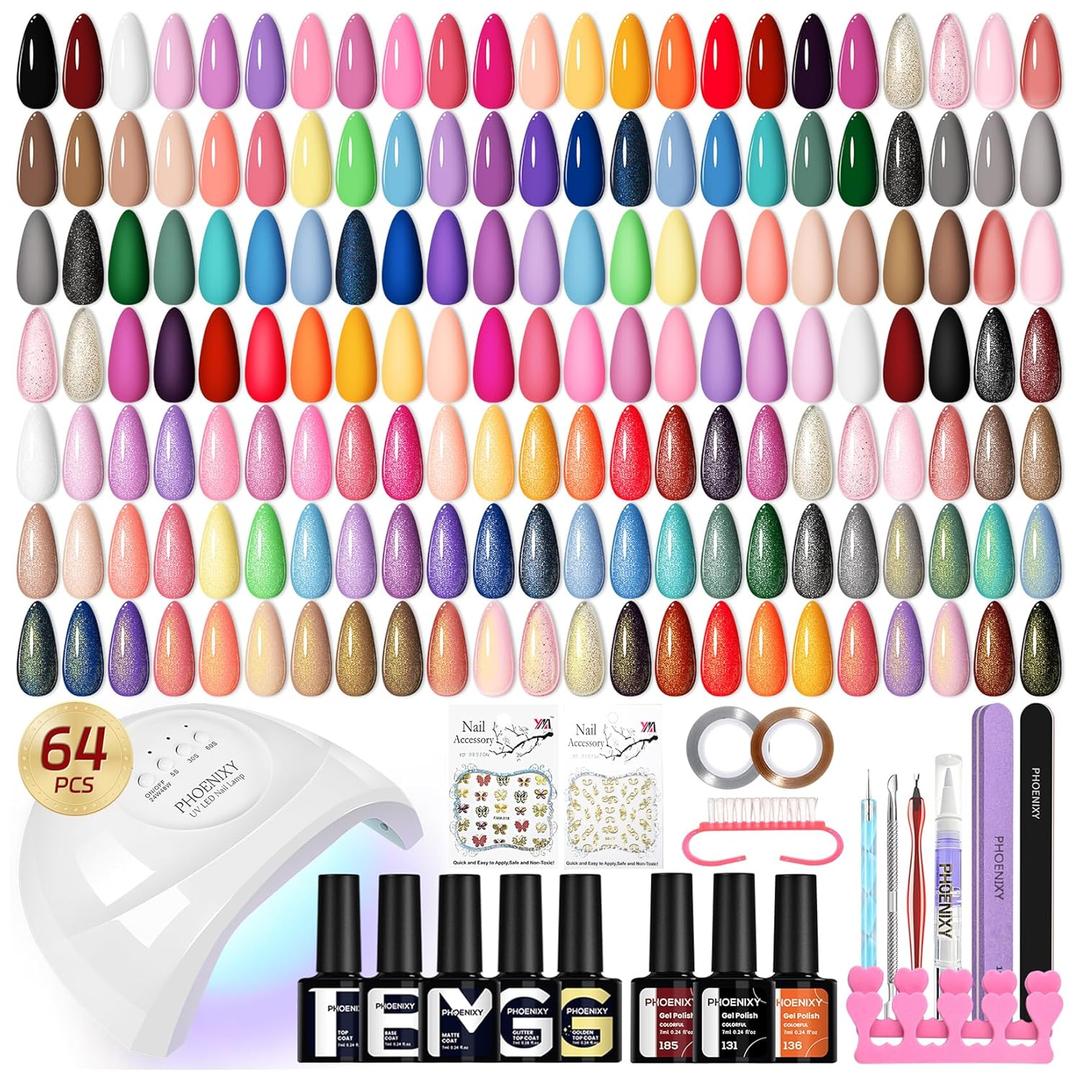 phoenixy Gel Nail Polish Kit with U V Light, 64 Pcs Gel Polish Nail Set 45 Colors All Seasons Nail Polish Set with Base and 4 Effects Top Coat Manicure Tools Complete Gel Nail Kit Gift for Women (Timeless Classic)