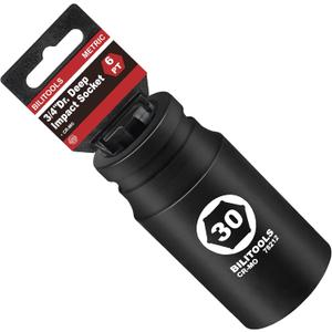 BILITOOLS 3/4" Drive Deep Impact Socket 30mm, Metric, CR-MO Steel, 6 Pt. Impact Grade Heavy Duty Large Axle Nut Socket
