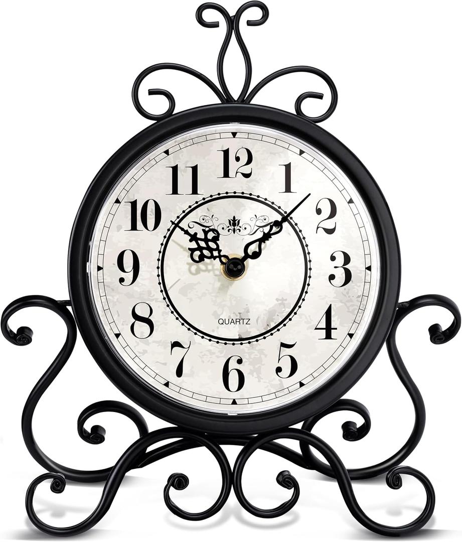 Vintage Table Clock on Stand - Desk Mantel Clock for Living Room Bedroom Decor, Silent Rustic Shelf Clock with Metal Frame Fireplace Clock Battery Operated for Office Desktop Home Decor