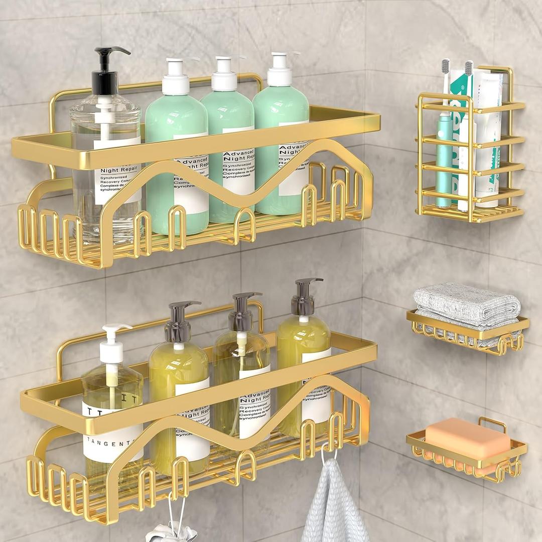 Coraje Shower Caddy - 5-Pack Adhesive Shower Organizer, Large Capacity, Rustproof, No Drilling Required (Gold)