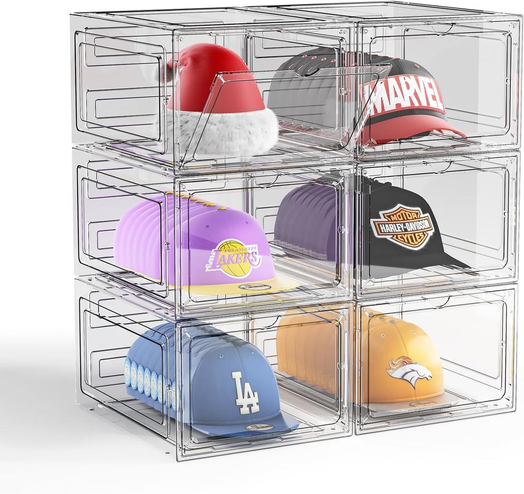 Hat Organizer Box for Baseball Caps, 6 Pack Plastic Hat Storage Display Case with Magnetic Door, Hat Holder Rack for Closet, Snapback Organizer, Hold 8 Caps Each (Clear White)