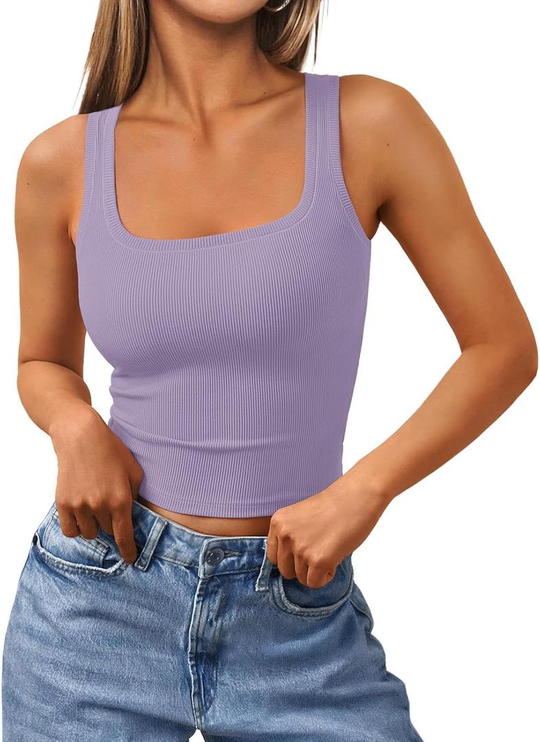 Trendy Queen Women's Summer Square Neck Tank Tops Workout Cropped Ribbed Summer Camisole Sleeveless Clothes 2025 (Purple), S