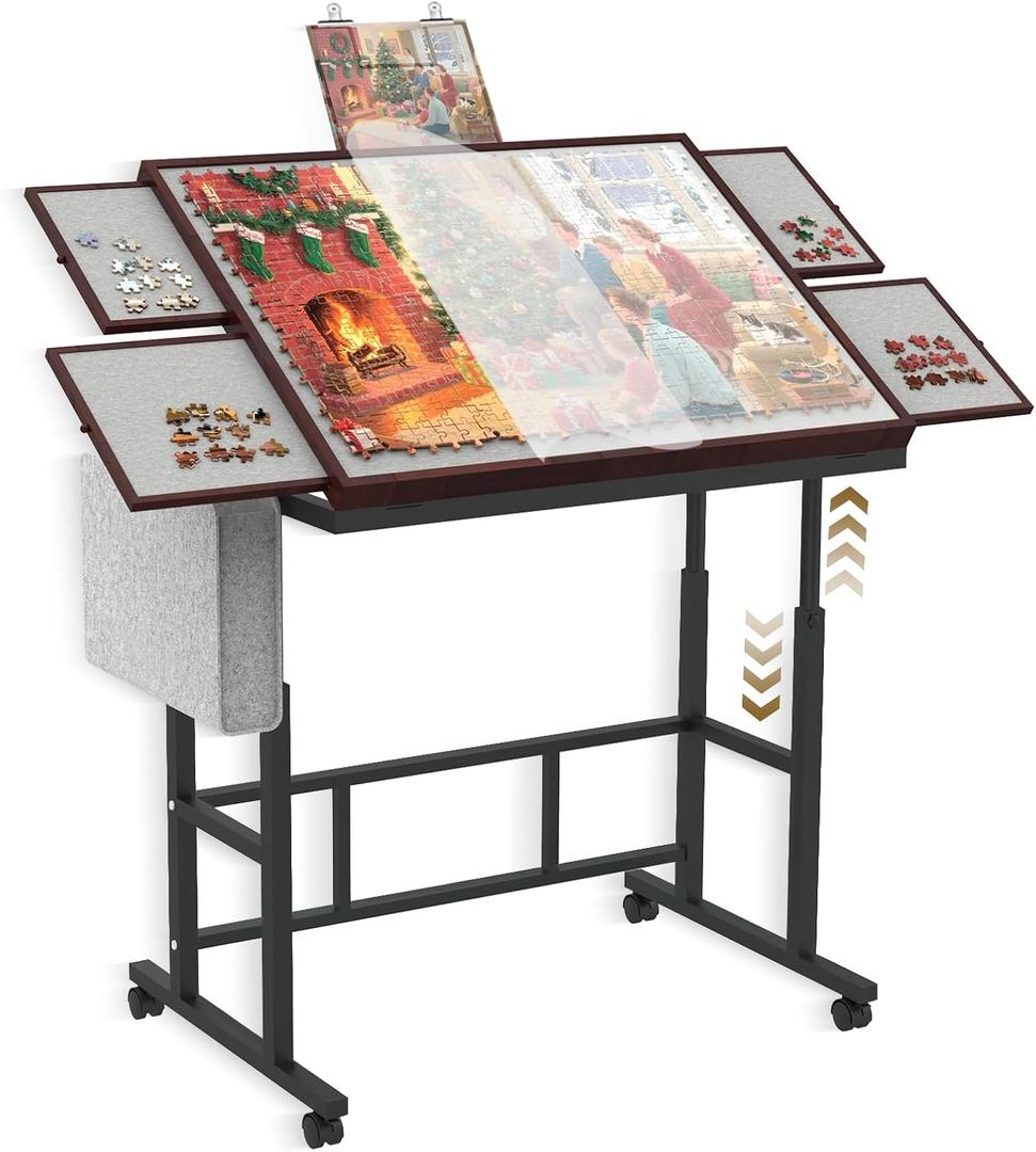 Jigsaw Puzzle Table 1500 Pieces with Legs & Storage Pocket, Height Adjustment & Tilting Puzzle Table for Adults with Drawers, Jigsaw Puzzle Board with Cover and Wheels for All Ages(Coffee Color) (Black)