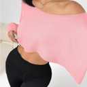 Women's Asymmetrical Off Shoulder Crop Tops Long Sleeve Ribbed Knit Lettuce Trim T Shirts (Pink, M)