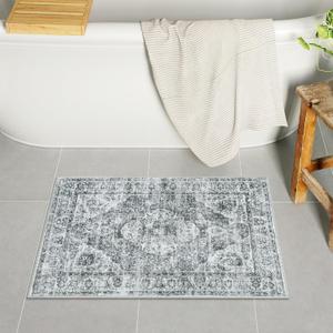 Uphome Gray Bath Mat, Distressed Farmhouse Boho Bathroom Rugs, Super Cozy Velvet Small Bathroom Mats, Non Slip Machine Washable Bathroom Floor Mat for Toilet Sink Shower, 18x26 inch (Grey)