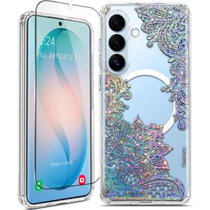Magnetic for Samsung Galaxy S26 Case, Compatible with MagSafe, Cute for Women Girls, 10FT Military Grade Protective Cover for Samsung Galaxy S26 Case Glitter, Clear Bling Lace Mandala