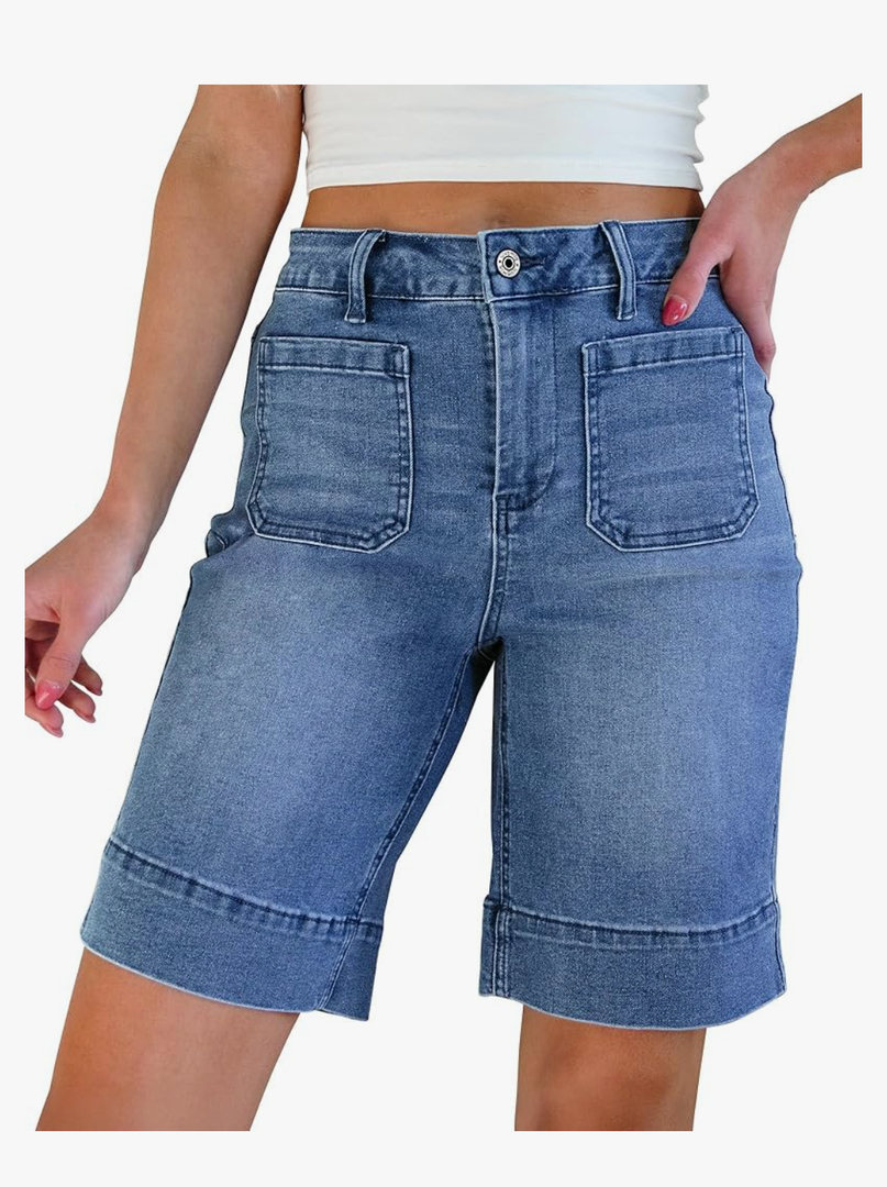 luvamia Bermuda Shorts for Women High Waisted Trendy Patch Pocket Casual Vintage Long Stretchy Denim Shorts Summer Jorts size S