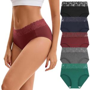 INNERSY Womens Cotton Underwear Lace Bikini Hipster Panties for Women High Waisted Ladies Briefs 5 Pack(Dark Vintage, Large)