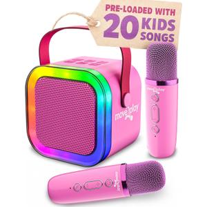 Move2Play, Mini Karaoke Machine for Kids | Built-in 20+ Songs | Bluetooth Speaker & Microphones | Voice Effects | Toddler Music Toy | Christmas Stocking Stuffer | Girls & Boys Age 2 3 4 5 6+ | Pink