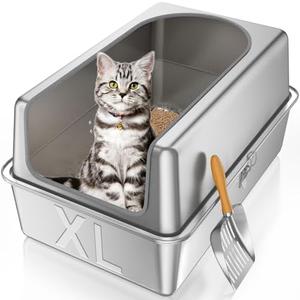 12'' High Sides XL All Stainless Steel Cat Litter Box with Lid,Deep Metal Litter Box for Big Cats,Extra Large Litter Boxes with High Wall Enclosure,Anti-Leakage,Never Absorbs Odors,Non-Sticky Surface