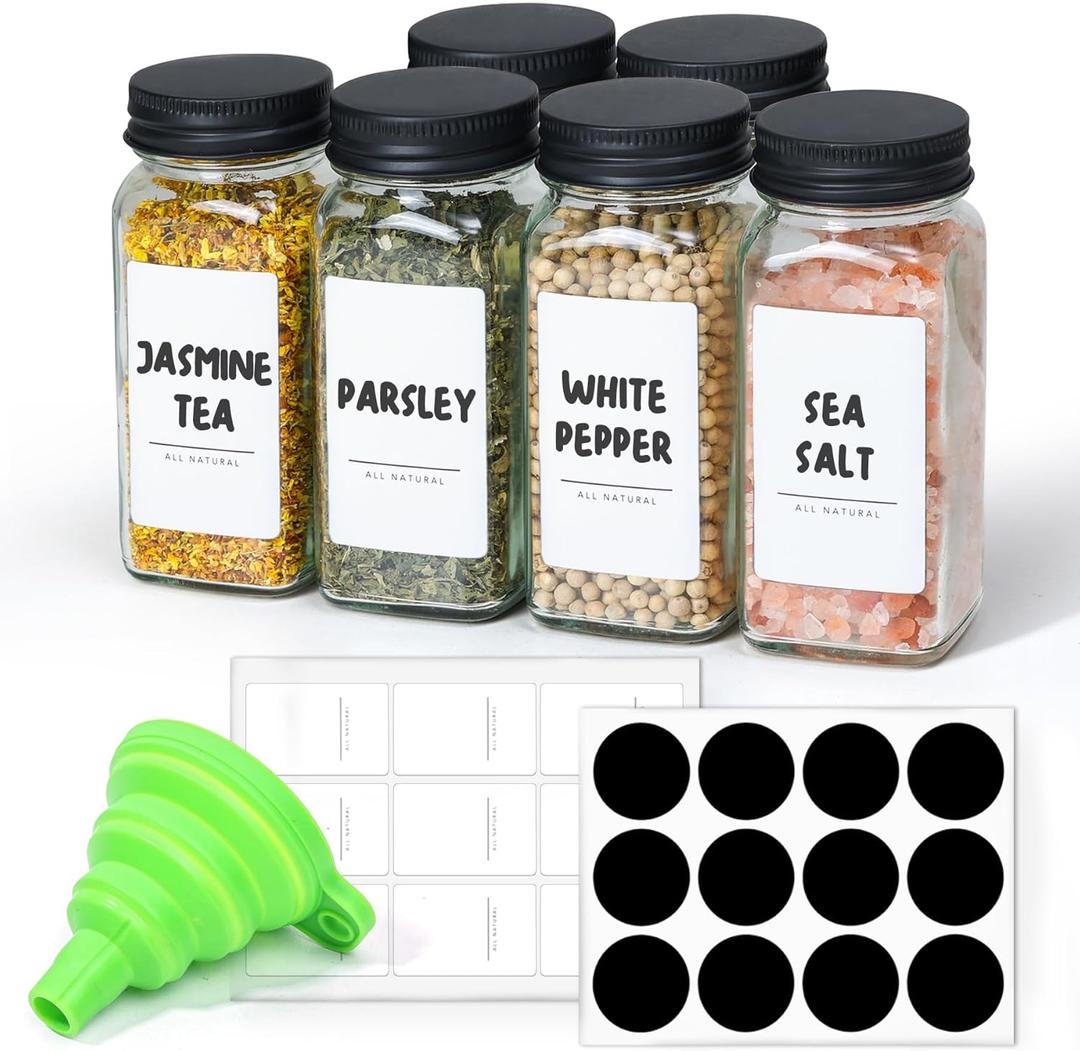 ComSaf 6Pcs 4oz Glass Spice Jars with Shaker Lids, 21 Labels, Spice Jars Trial Set & Supplement Set, Empty Spice Containers and Square Spice Bottles for Kitchen and Seasoning (4ozx6)