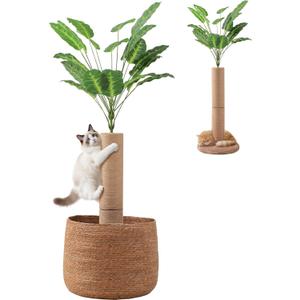62 Inch Tall Cat Scratching Post with Bed, Banana Leaf Tree Scratching Posts for Indoor Cats Adults, Modern Artificial Plants Scratcher Post with Foldable Woven Cat Basket for Home Decor