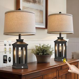 BOBOMOMO 23.75" Farmhouse Black Table Lamps Set of 2 Rustic Bedside Lamps with 3 Way Dimmable Touch Control Night Light & USB A+C Ports, Modern Lamp for Bedroom, Living Room, Entryway