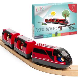 KipiPol Battery Operated Action Locomotive Toy Train Set for Wooden Tracks, (Magnetic)-Compatible with Thomas The Train Toys, Brio Tram Set for Toddlers 3-5 and up, Stocking Stuffers for Kids (Red)