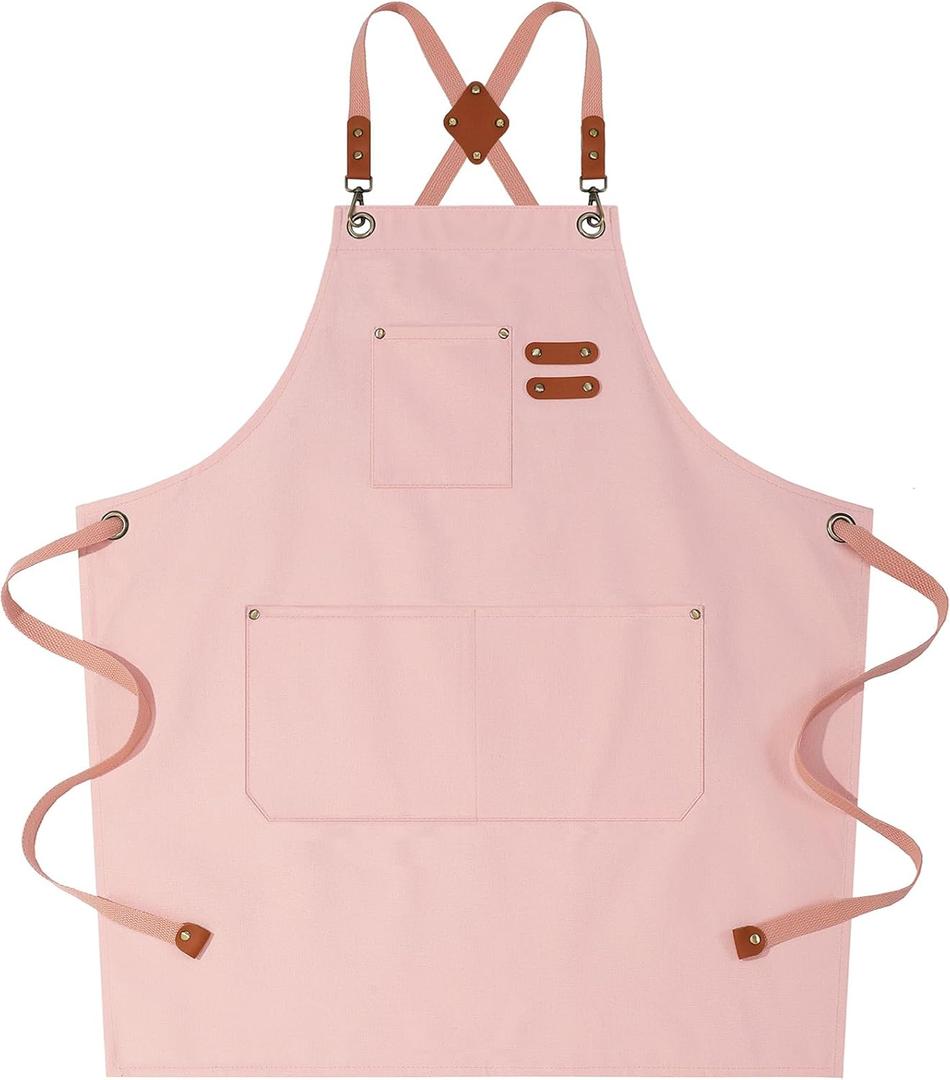 AFUN Chef Aprons for Women Men with Oversized Pockets, 12-Ounce Cotton Canvas Cross Back Water Repellent Apron (Light Pink), Size: 31.5 X 27 inches
