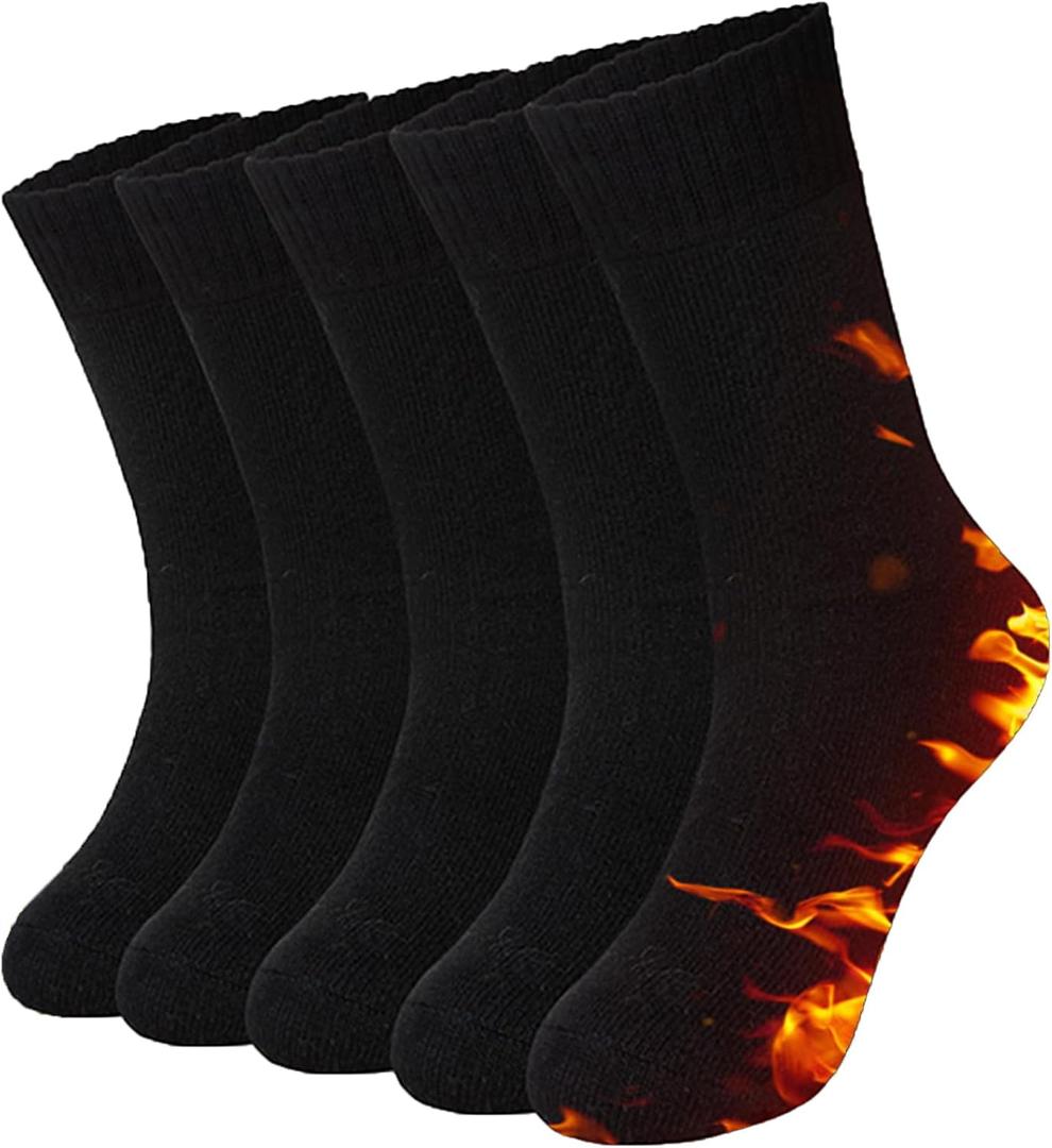 Josnown Thermal Warm Boot Socks for Women, 5 Pairs Winter Thick Cozy Hiking Crew Comfy Socks Full Cushioned, Size 5-10 (Black)