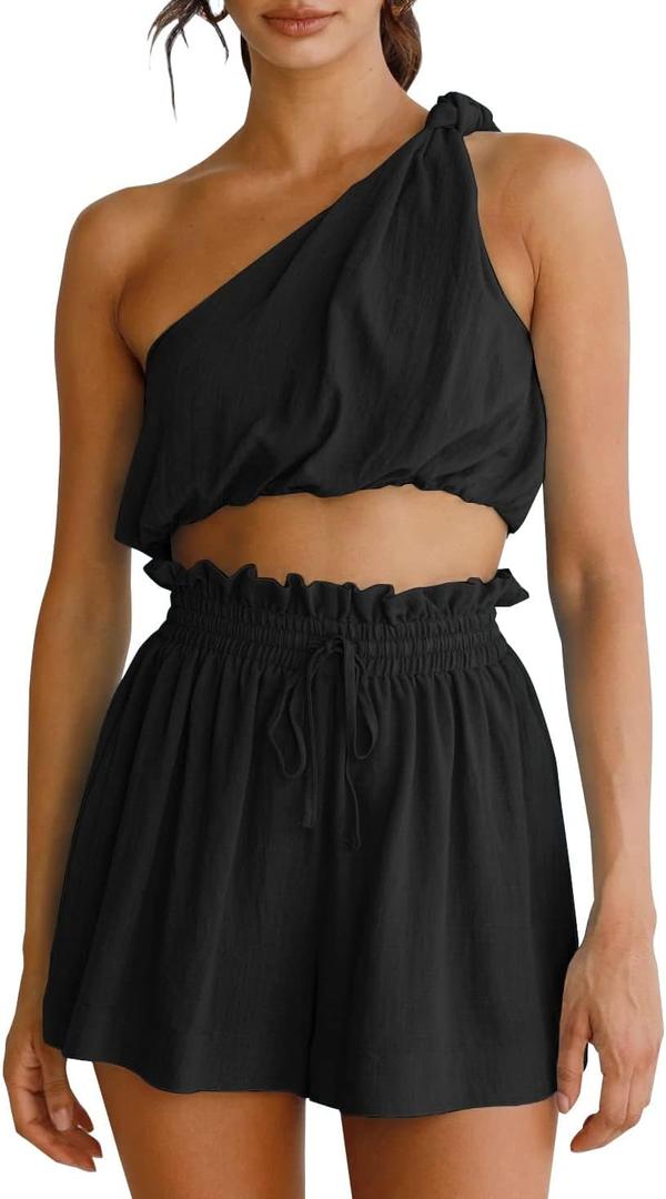 Imily Bela Womens 2 Piece Outfits Linen Matching Sets Two Piece Crop Tops and Paper Bag Waist Shorts Sets 2025 Summer Outfits (Small, Black)