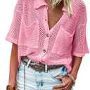 Fisoew Womens Crochet Lightweight Cardigan Sweaters Short Sleeve Summer Button Down Collared Loose Cover Up Shirts S