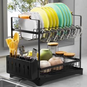 2-Tier Large Dish Drying Rack for Kitchen Counter with Drainboard and Cutlery Holder, 2 Tier Dish Drying Rack, Black,16.54" D x 11.81" W x 17.71" H