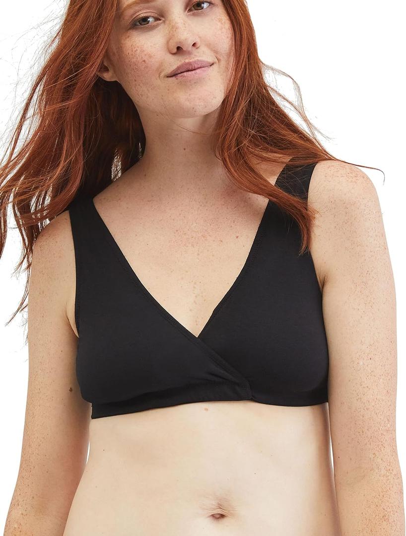 Motherhood Maternity Women's Soft Cotton Spandex Wrap Front Maternity & Nursing Sleep Bralette Bra (Black, L)