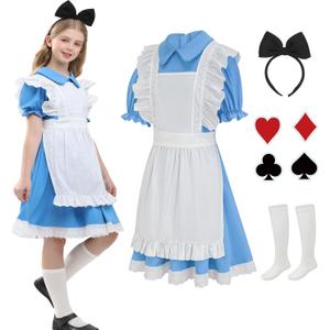 qnprt Halloween Costumes for Kids 2025 Princess Costume Girls Bulue Dress (9 Years)