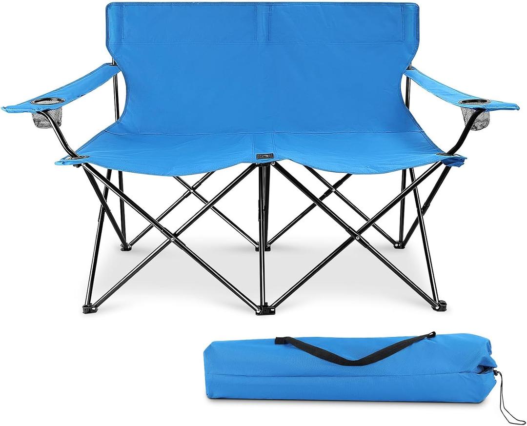 Joyfair Double Camping Beach Chair, Folding Camp Loveseat for Adults (Blue) | Heavy Duty Portable Double-seat Lawn Beach Chair Fold Couch for Outdoor Sports Backpacking, Carrying Bag & Cup Holders, 45 inches x 25 inches x 36 inches