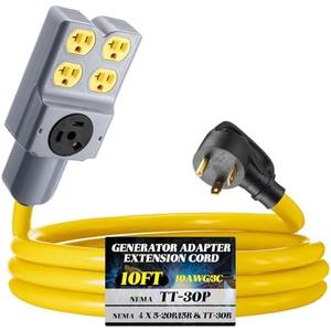 Kanayu 10 FT RV Generator Adapter Extension Cord Compatible with NEMA TT-30P to Four 5-20R/ 5-15R & TT-30R, 3 Prong RV Generator 30Amp to 15/20Amp Power Cord 125/250V 7500 Watts, ETL Listed