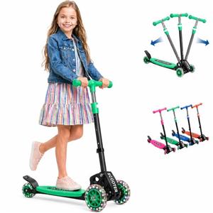 3 Wheel Kick Scooter for Kids Ages 3-12, Foldable Light Up Scooter with LED Wheels, Adjustable Handlebar, Wide Anti-Slip Deck, Lean-to-Steer Child Pre-Teens Scooter Outdoor Ride Toy - Green