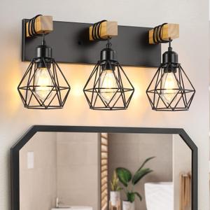 3-Light Farmhouse Bathroom Vanity Light Fixtures, Wood Bathroom Light Fixtures Over Mirror, Rustic Sconces Wall Lighting with Elegant Metal Lampshade for Living Room, Bedroom, Hallway (Black)