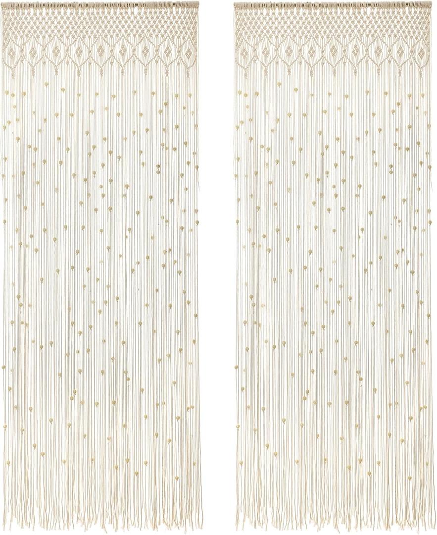 Boho Macrame Beaded Curtain Handmade Door Closet Curtain with Wooden Beads for Window Doorway Open Closet Bedroom Living Room Privacy Decor, 79" L x 36" W, White Set of 2