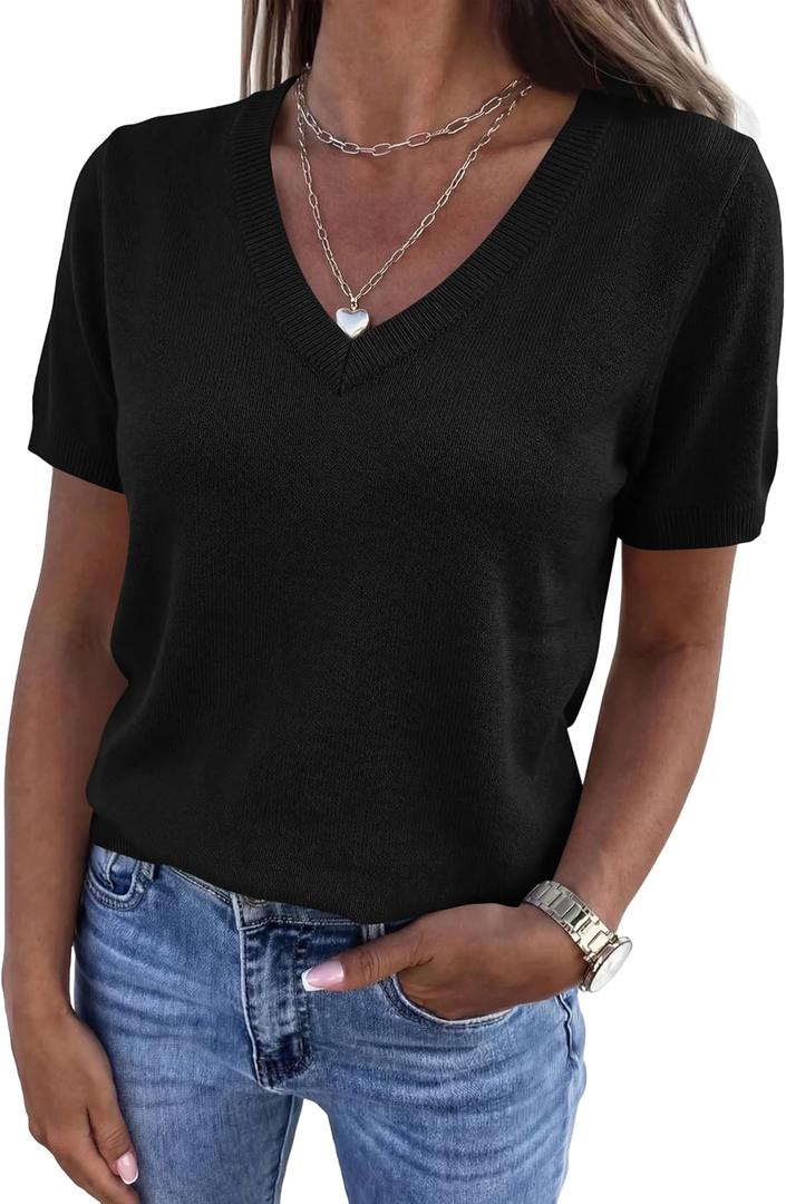 PRETTYGARDEN Womens Short Sleeve Sweaters V Neck Business Casual Tops Lightweight Sweater Shirts 2026 Summer Spring Outfits (Black, L)