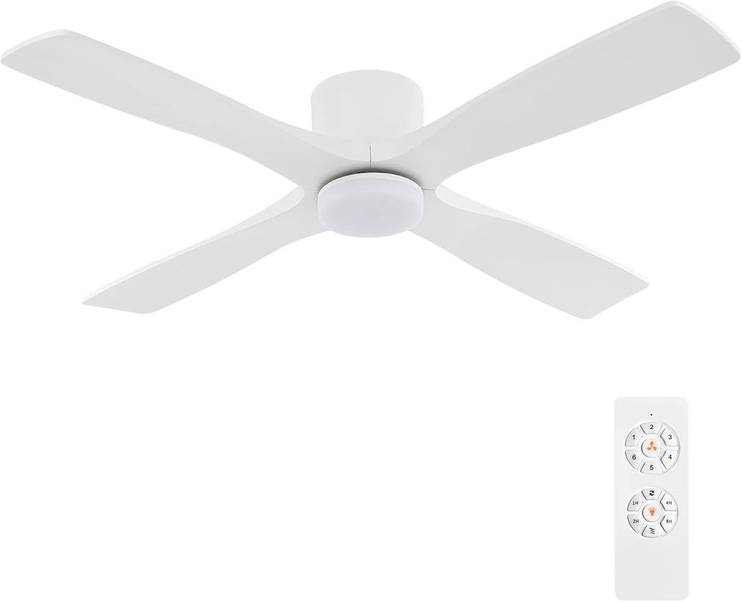 WINGBO 54 Inch Flush Mount DC Ceiling Fan with Lights and Remote, 4 Reversible Carved Wood Blades, 6-Speed Noiseless DC Motor, Hugger Ceiling Fan in Gloss White with White Blades