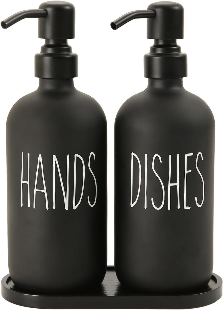 MOMEEMO Black Soap Dispenser Set, Contains Dish and Hand Soap Dispenser, Suitable for Kitchen Decor and Accessories. (Black) (H&d Black With Tray)