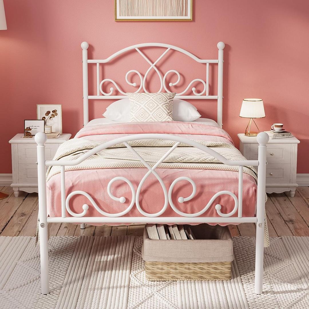Weehom Twin Bed Frames, Modern Twin Size Metal Bed Frames for Kids Girls, No Box-Spring Needed Twin Platform Bed Frame with Unique Headboard and Footboard, 11.23 Inches Storage Space - White