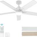 52 Inch White Ceiling Fan with Light and Remote Control,Dimmable 3 Color Temperatures LED Ceiling Fan,6 Speeds Reversible DC Motor,5 Blades Modern Ceiling Fans for Indoor or Covered Outdoor