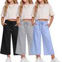 Halfchet 3 Pack Girls Capri Pants Wide Leg Baggy Cropped Sweatpants Kids Basic Casual Capris with Pockets for Ages 5-14